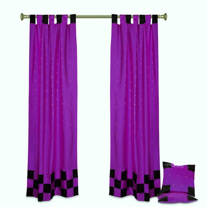 4 Pc Set Indian Sari Curtains & Cushion Covers Boho Tab Top Living Room Bedroom - Lavender - 36" W X 84" L - 84 Inches