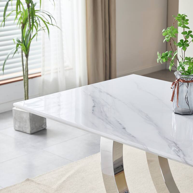 69.30 Inch Rectangular Dining Table, Modern Simple, Marble Tabletop, MDF Tabletop, Suitable For 4-6 People - Silver+White
