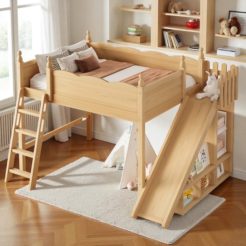 Full/Queen Loft Bed with Storage Shelves, Cabinet & Detachable Slide, Solid Wood Loft Bed with Ladders, No Box Spring
