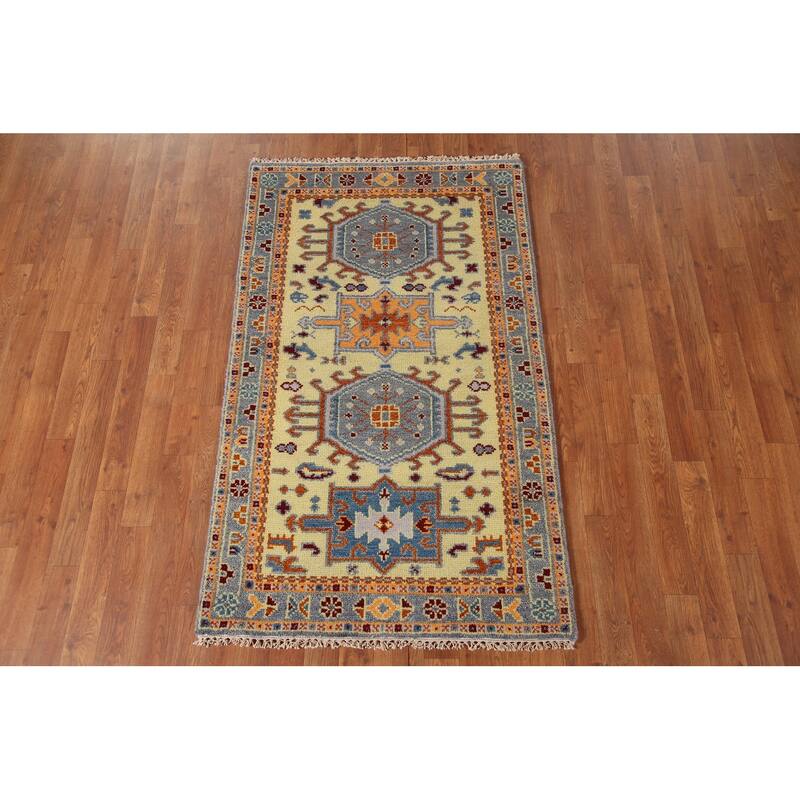 Geometric Kazak Accent Rug Hand-Knotted Wool Carpet - 3'0"x 5'0"