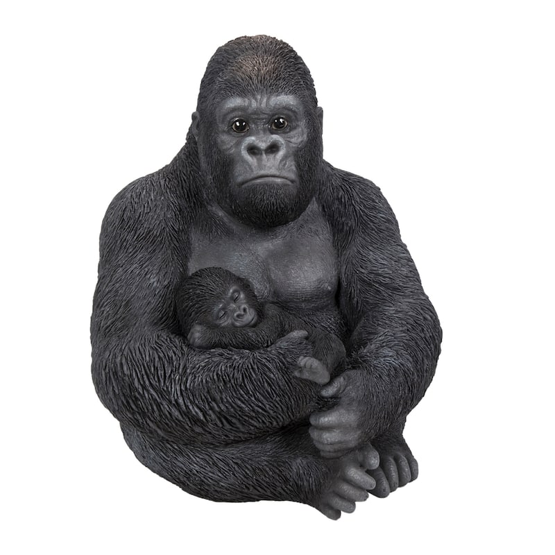15.75" Sitting Mother Gorilla with a Baby Outdoor Garden Statue