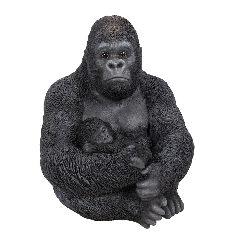 15.75" Sitting Mother Gorilla with a Baby Outdoor Garden Statue