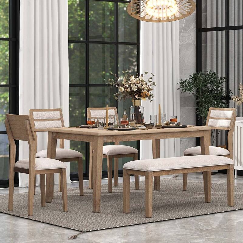 6 PCS Classic Dining Set for 6 with Bench and Upholstered Chairs -  Natural Wood Wash
