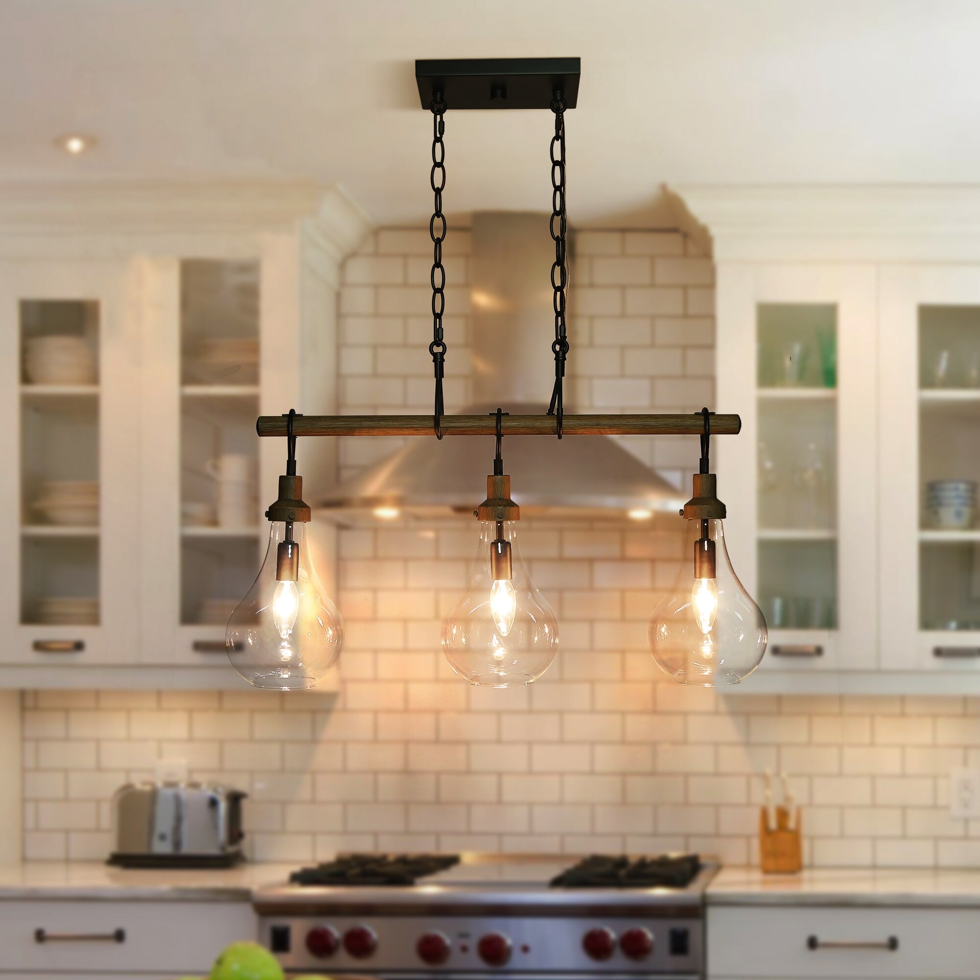 JHLBYL Farmhouse Glass Mason Jar Pendant Light – 3-Light Dimmable Chandelier For Kitchen Island