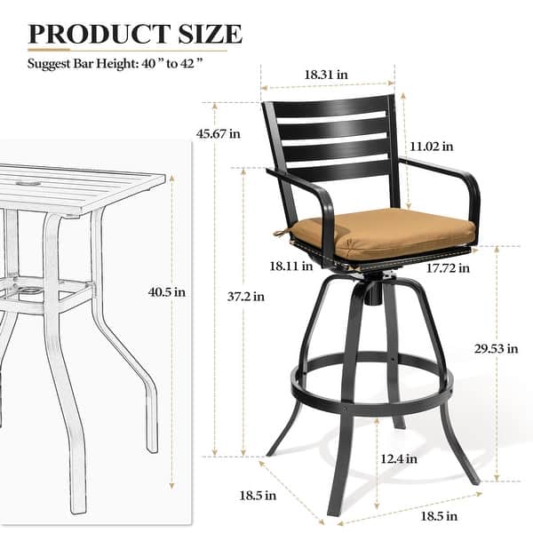 dimension image slide 0 of 6, 3/5-Piece Outdoor Bar Stool Set Aluminum Swivel Bar Stools with Sunbrella Cushion