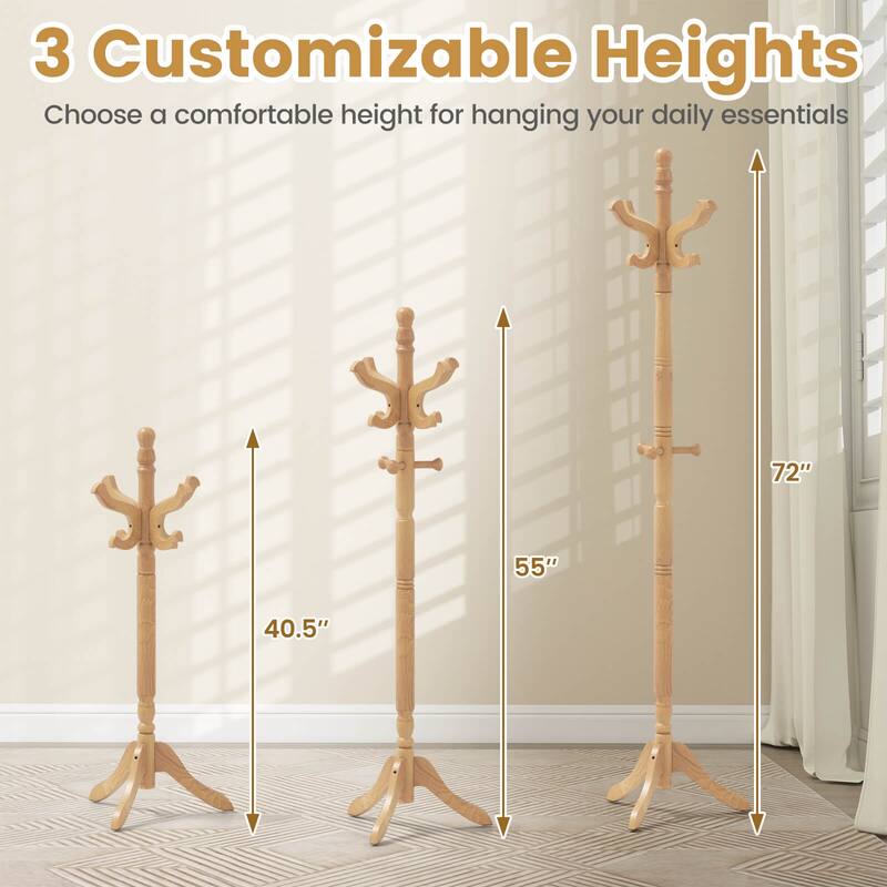 Costway Solid Rubber Wood Coat Rack with 3 Adjustable Heights and 11 - See Details