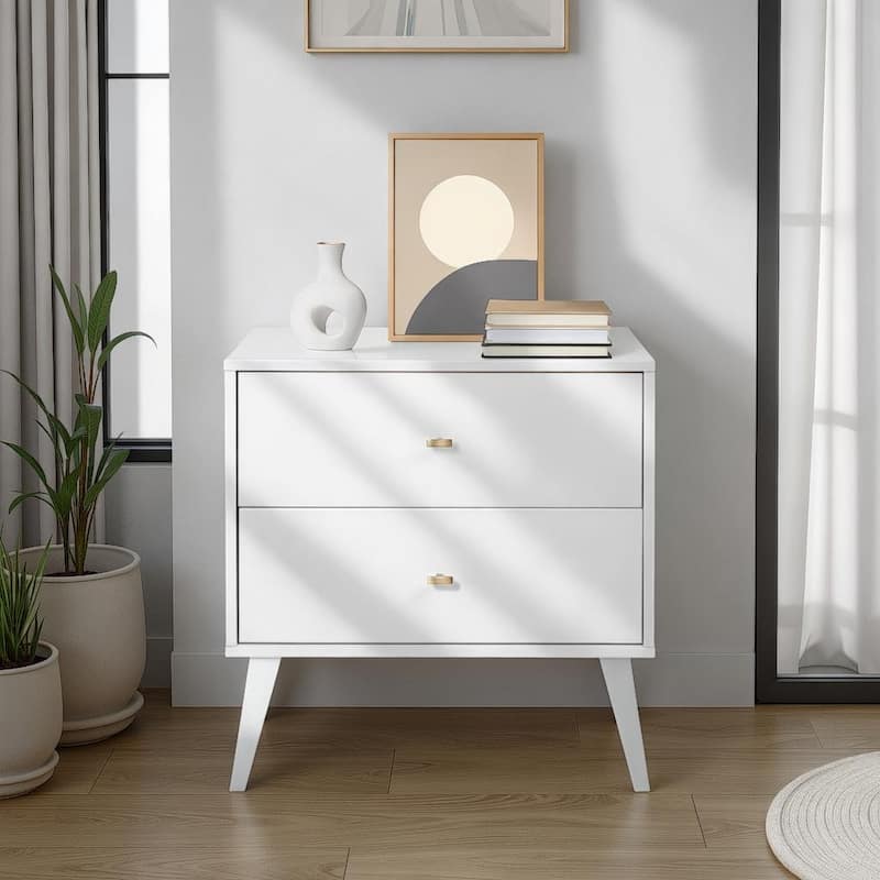 Prepac Milo Mid-Century Modern 2 Drawer Nightstand, Bedside Table, Contemporary Bedroom Furniture