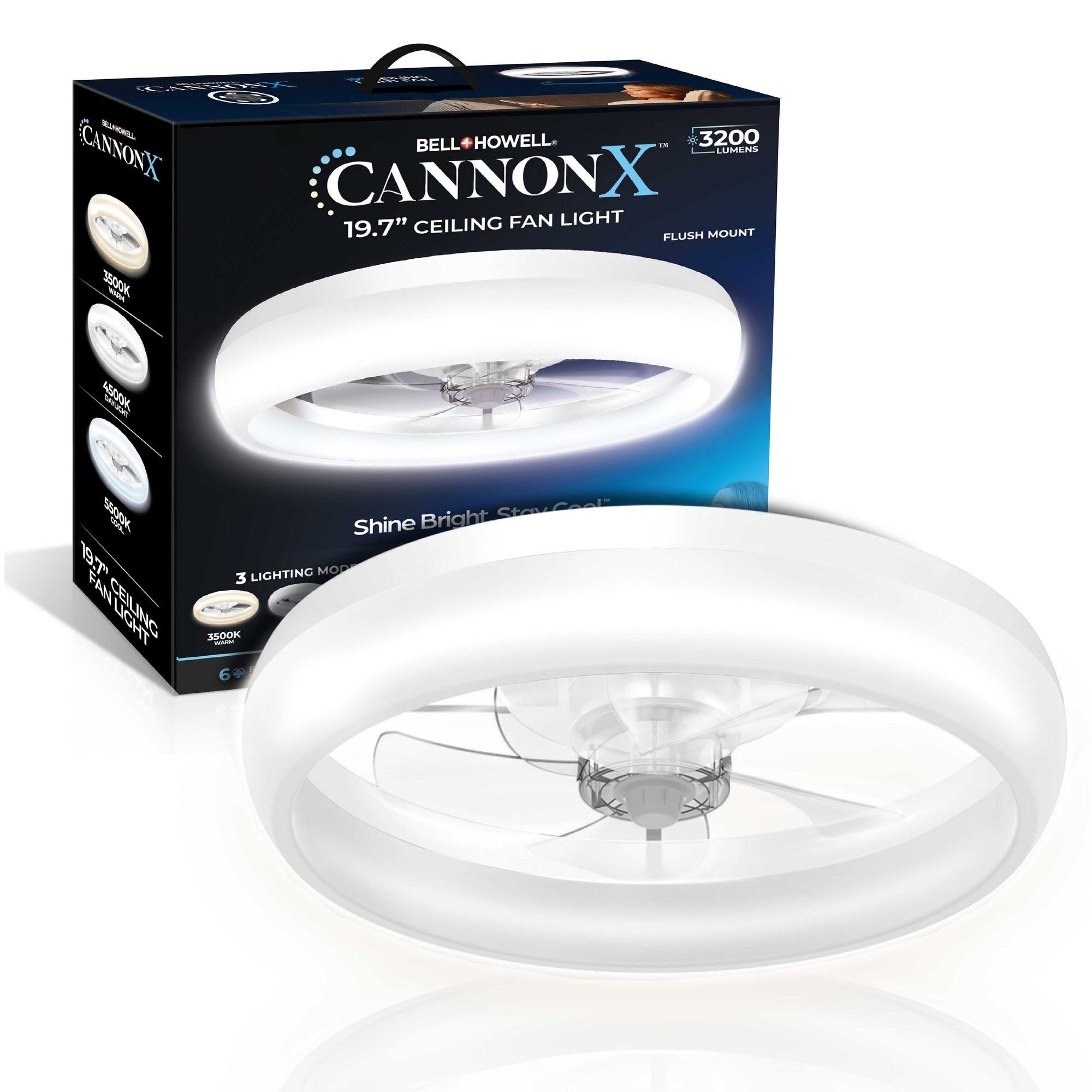 Bell + Howell CannonX Flush Mount Ceiling Fan Light White Low Profile Fandelier Dimmable LED with Remote