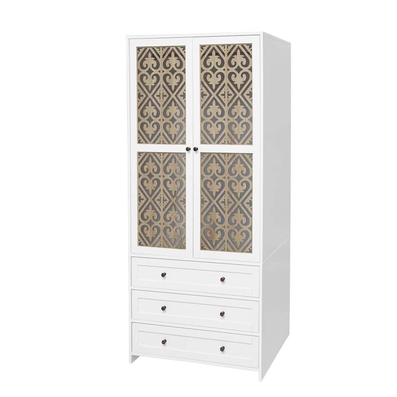 3 Drawer Wardrobe Armoire White Closet / Hollow Pattern Doors bedrooms Clothes Storage Cabinet