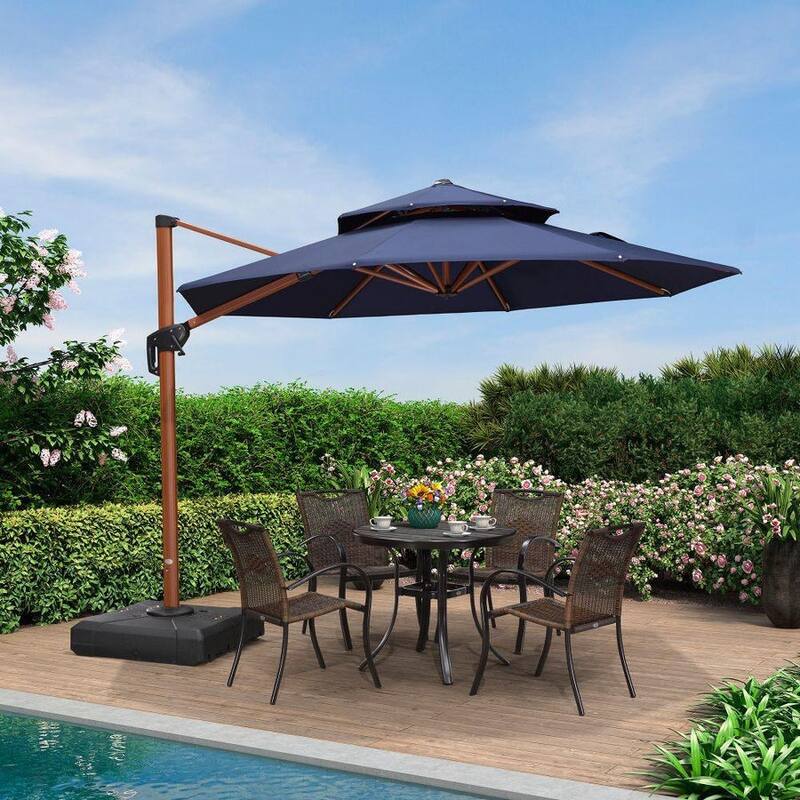 PURPLE LEAF 10/11/12ft Round Wood Pattern Patio Cantilever Umbrella with Base