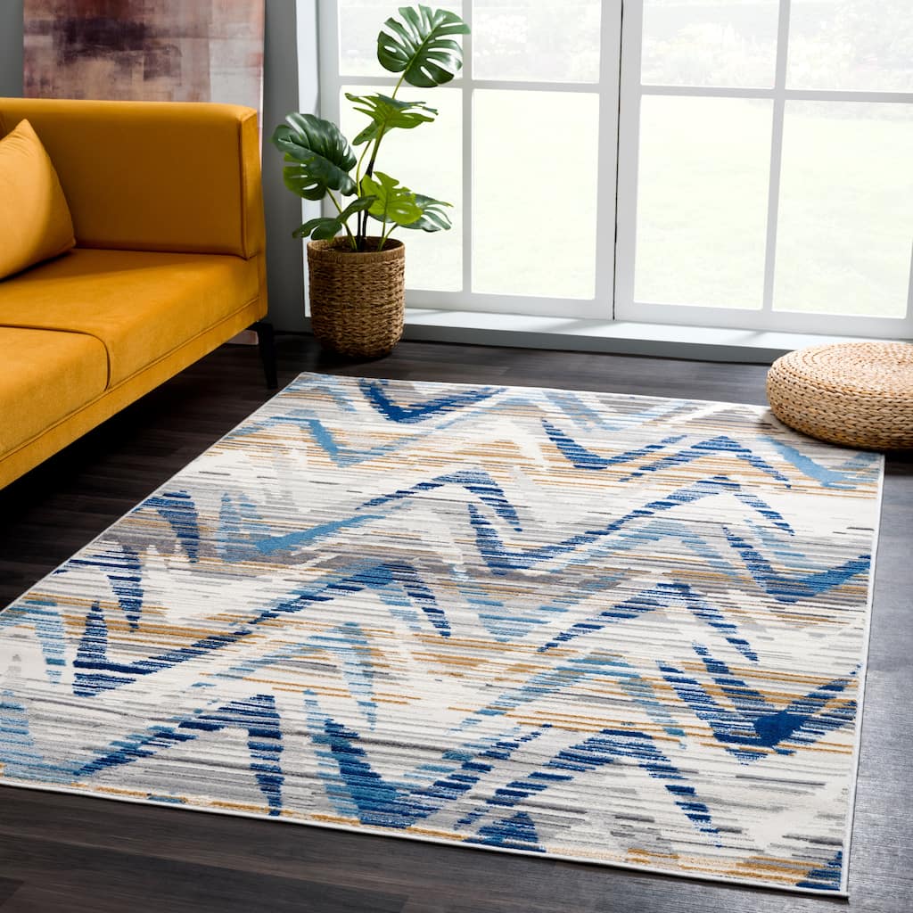 Abani Dune Contemporary Chevron Blue and Grey Indoor Area Rug