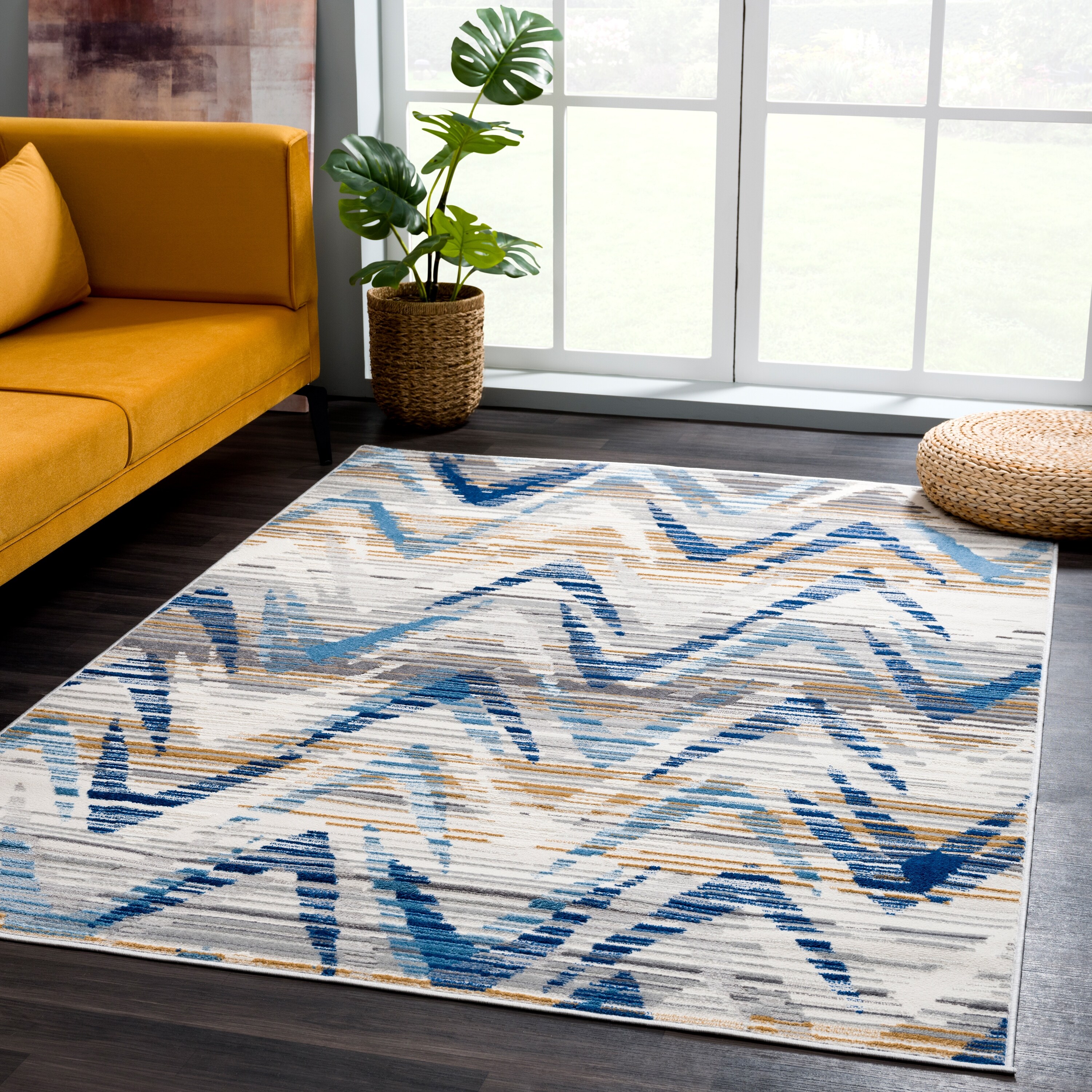 Abani Dune Contemporary Chevron Blue and Grey Indoor Area Rug