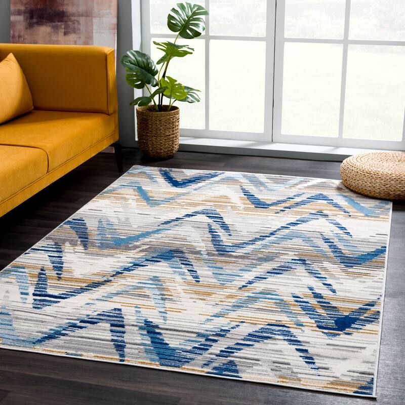 Abani Dune Contemporary Chevron Blue and Grey Indoor Area Rug - 7'9" x 10'2" - Grey