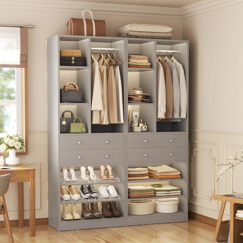 27.7'' Closet Organizer with Shoe Racks and Drawers, Closet System with Hanging Rod and Adjustable Shelves