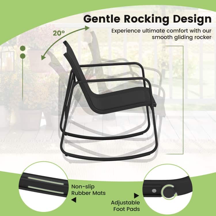 4 Piece Black Metal Fabric Rocking Bistro Set with Coffee Table Outdoor - Rocking Chair: 28.5” x 24” x 31.5” (L x W x H)