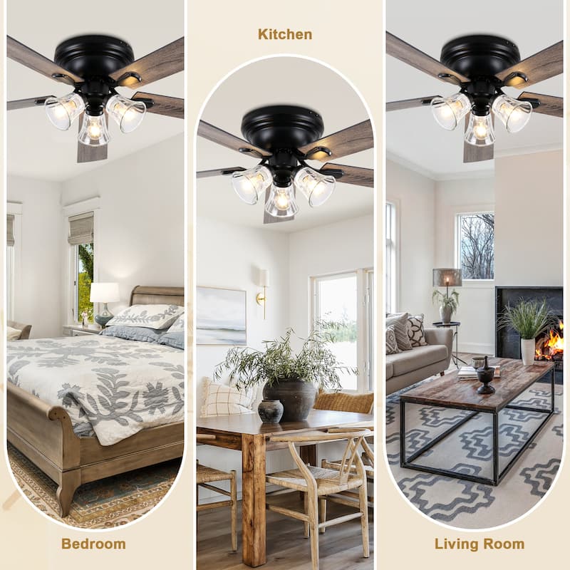Bella Depot 52" 3-Light Brown Flush Mount Ceiling Fan with Light and Remote Control 6-speed Reversible Timer DC Motor