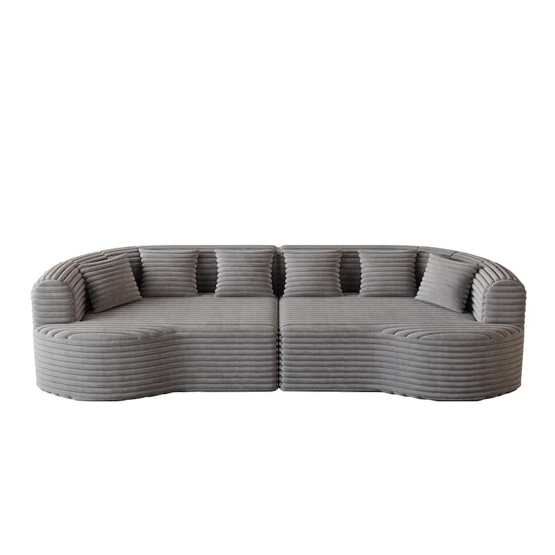 Corduroy Curved Chaise Sectional Sofa with Deep Seating and 6 Pillows