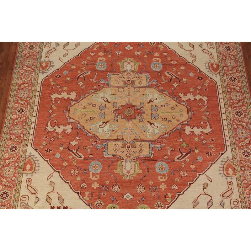 Vegetable Dye Orange Heriz Serapi Oriental Rug Handmade Wool Carpet - 8'11"x 11'8"