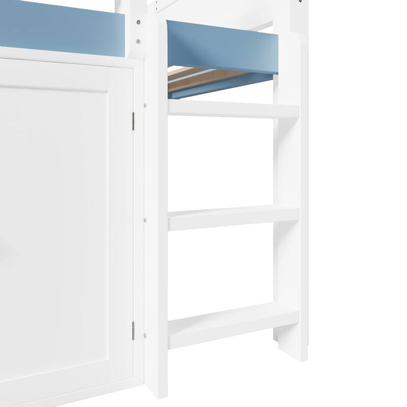 Full Size Loft Bed with Storage Cabinet and House-shaped Canopy Roof Built-in Storage Shelves