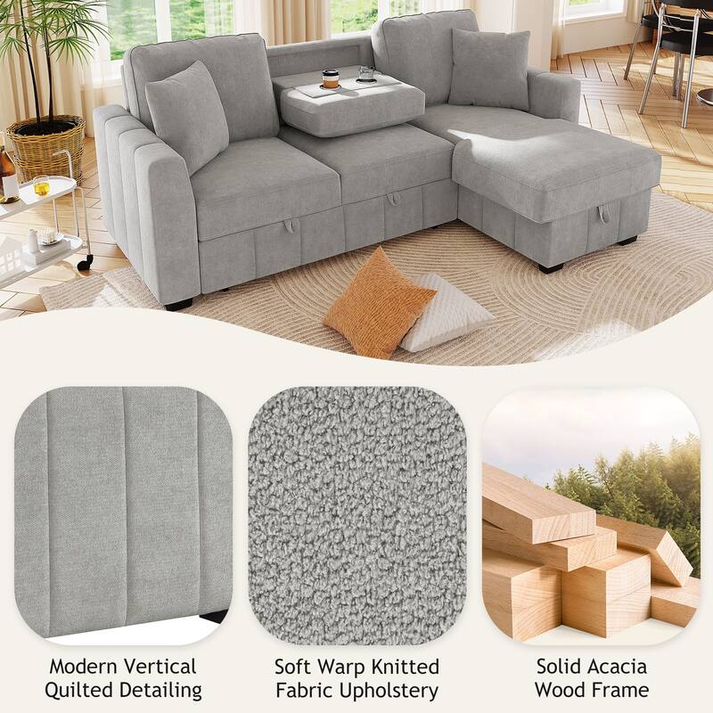 90" L-Shaped Sectional Sleeper Sofa - Reversible Storage Chaise, Drop-Down Center Console, Modular Living Room Couch