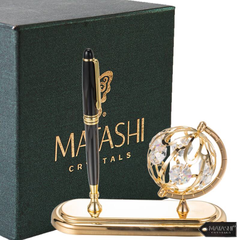 Matashi Highly Polished 24K Gold Plated Executive Desk Set With Pen and Globe Ornament