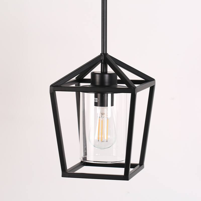 Matte Black Farmhouse Cage Pendant Light with Clear Glass Shade, Adjustable Height - 7.09 in.