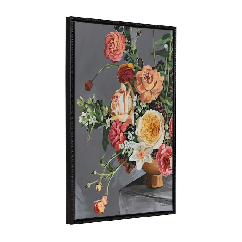 Kate and Laurel Sylvie Beaded Floral Emergence Framed Canvas by Mackenzie Nelson - 23x33 - Black