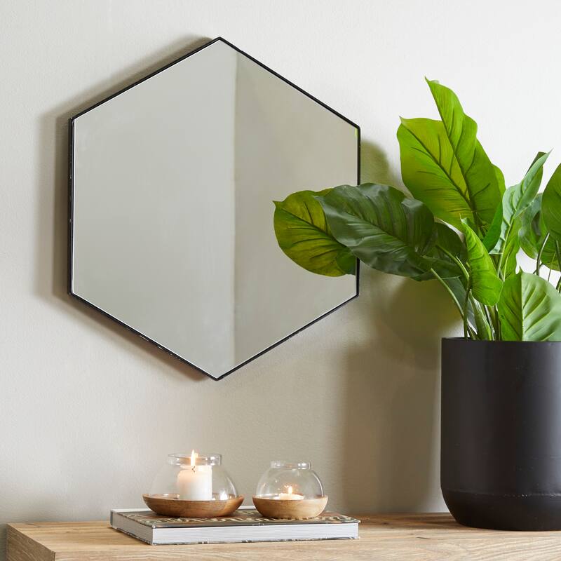 Contemporary Hexagon Wood Wall Mirror - Multiple Finishes and Sizes - 24"W, 21"H - Black - Medium