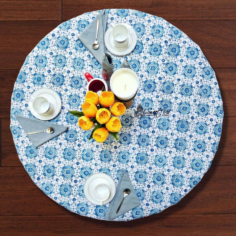 Cotton Springtime Splendor Tablecloth Collection, Ice Blue