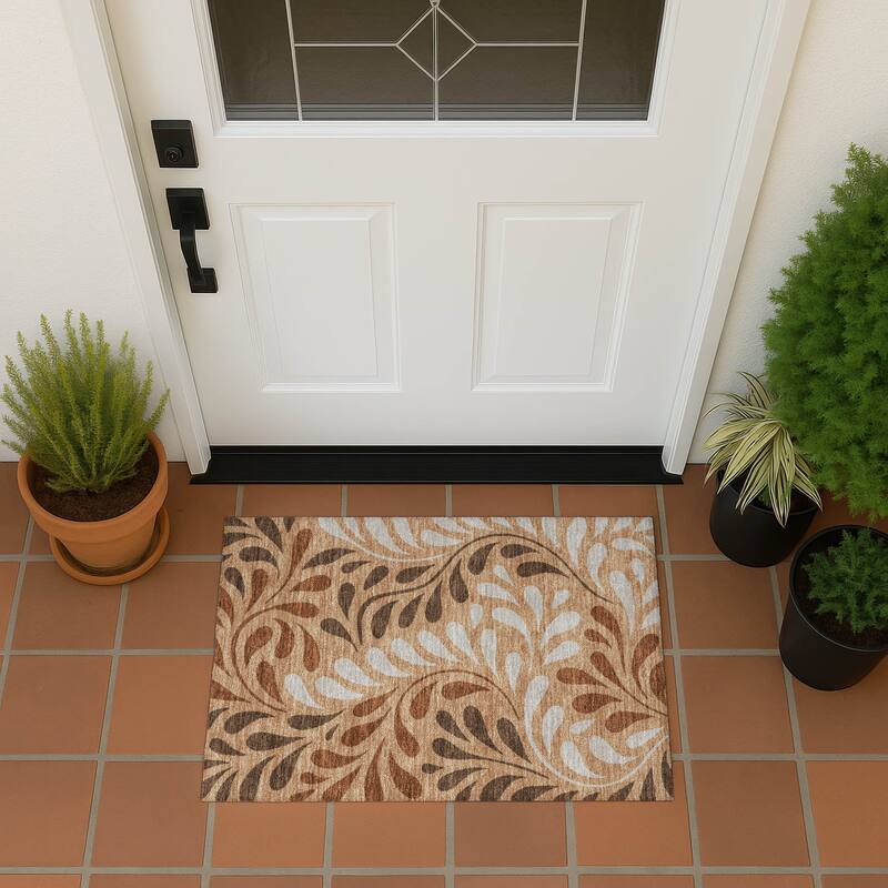 Machine Washable Indoor/ Outdoor Floral Arabesque Chantille Rug - Copper - 1'8" x 2'6"