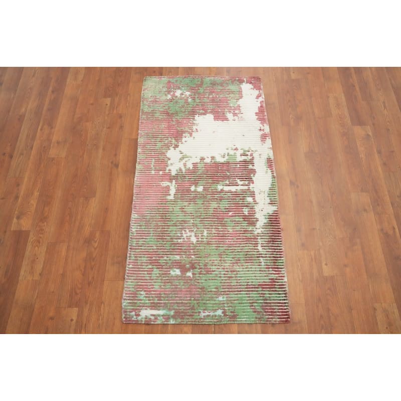 Hand Knotted Oriental Viscose Silk Carpet Modern All-Over Multi-Colored Abstract Area Rug - 3' 10'' X 2' 0''