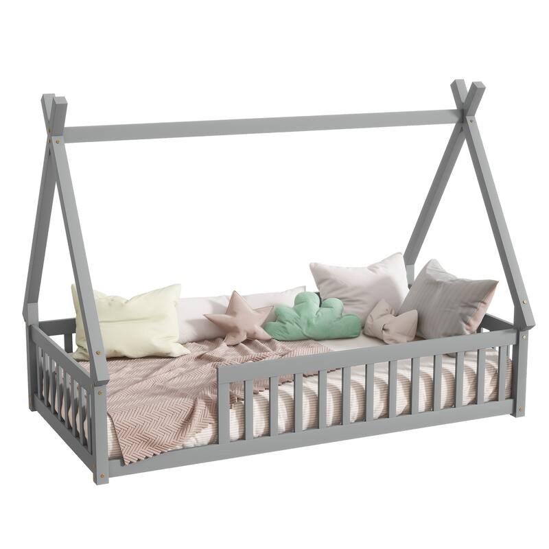 Twin Tent-Shaped Floor Bed with Guardrails, Grey