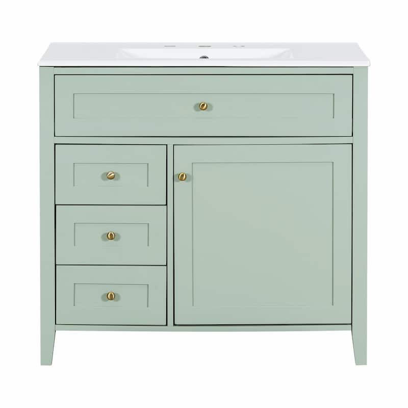 Bathroom Vanity with Sink, Modern MDF and Rubberwood Cabinet with 3 Drawers and Adjustable Shelf