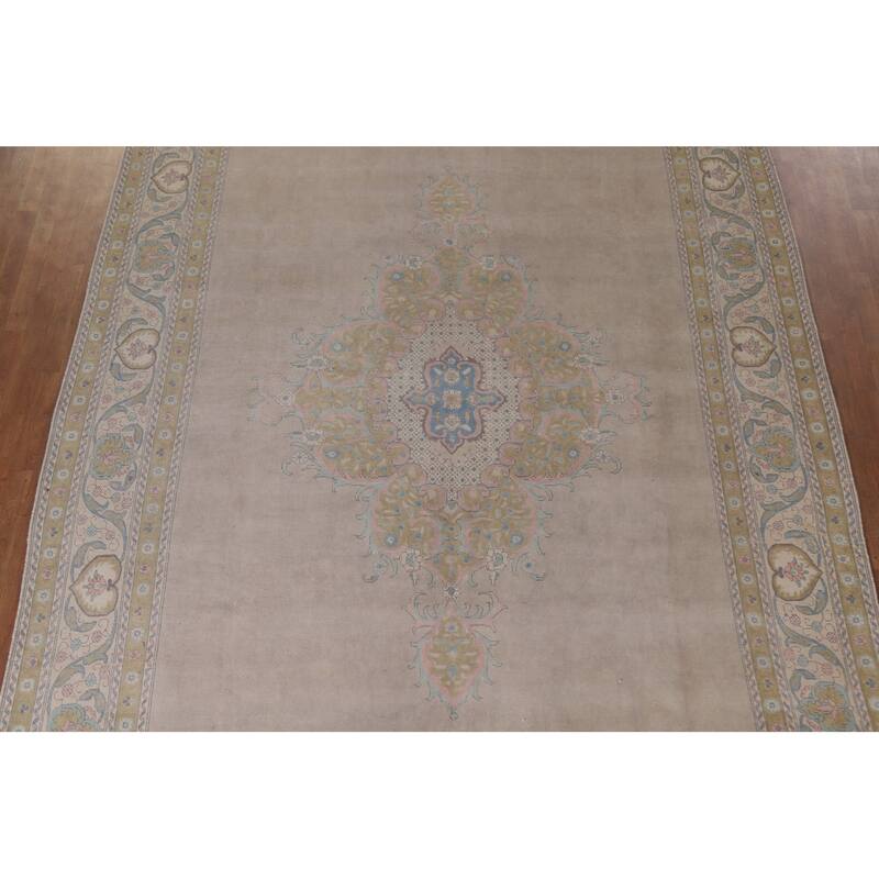 Hand Knotted Oriental 100% Wool Carpet Traditional Medallion Beige & Ivories Tabriz Area Rug - 12' 8'' X 9' 6''