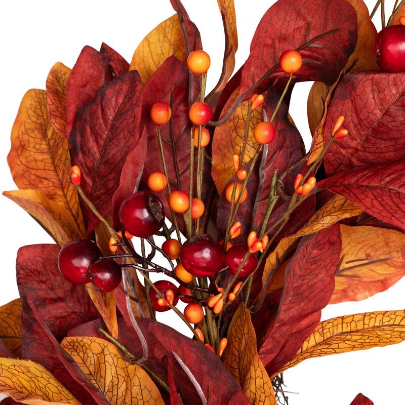 Berries with Leaves Artificial Fall Harvest Twig Wreath, 24", Unlit