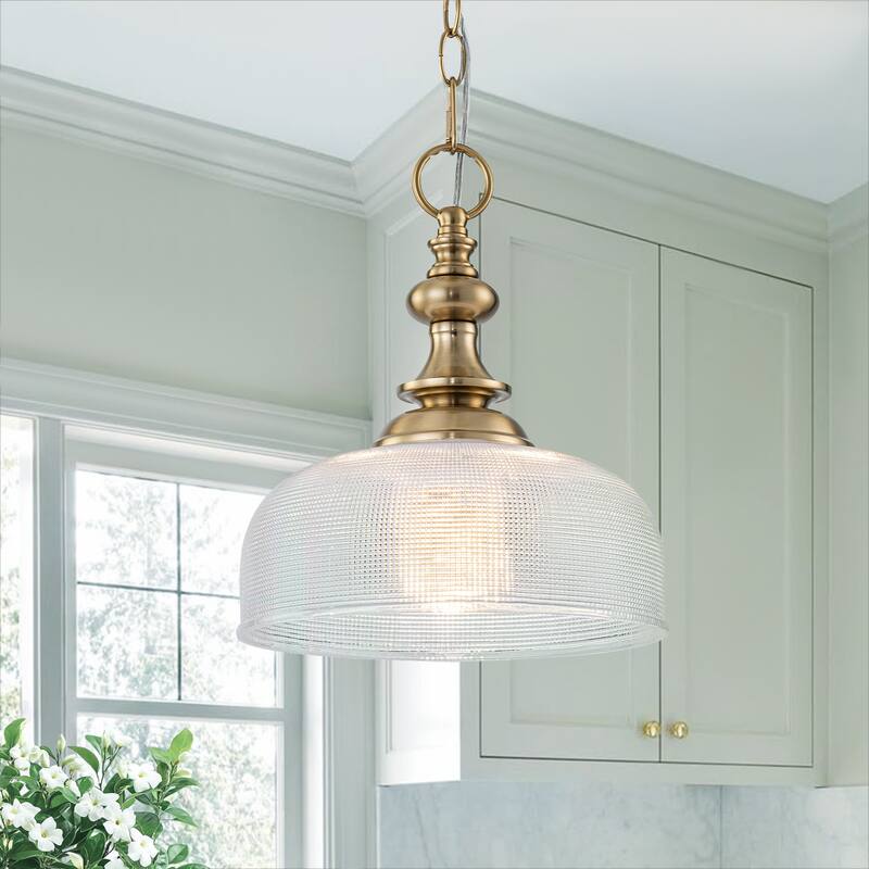 Mid-Century Modern 1-Light Gold Dome Pendant Light with Grid-Textured Glass for Kitchen Island Dining Room