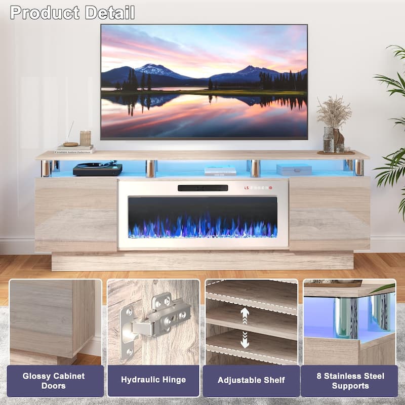 BOSSIN 70" Modern Electric Fireplace TV Stand, with Electronic Flame and LED Lights, High Gloss Finish Entertainment Center