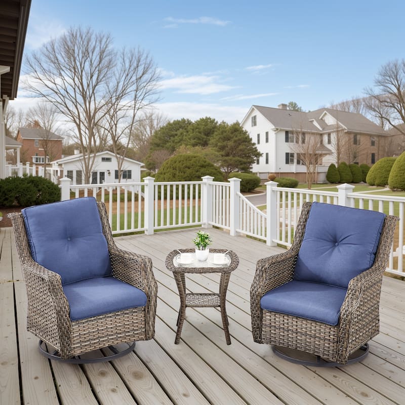 Pocassy Patio Swivel Glider Wicker Chairs with Ottoman and Table - Blue Cushion - Grey Wicker - 3-Piece Swivel Chair with Side Table