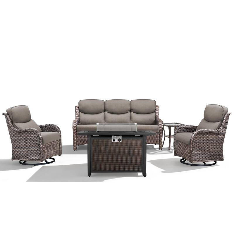 Meyreso 5-Piece Outdoor Patio Metal Fire Pit Wicker Conversation Set with 5-Inch Thick Olefin Cushions