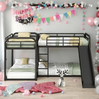 Full and Twin Size Modern Functional Design L-Shaped Bunk Bed with Slide and Short Ladder, Easy Assembly, Black