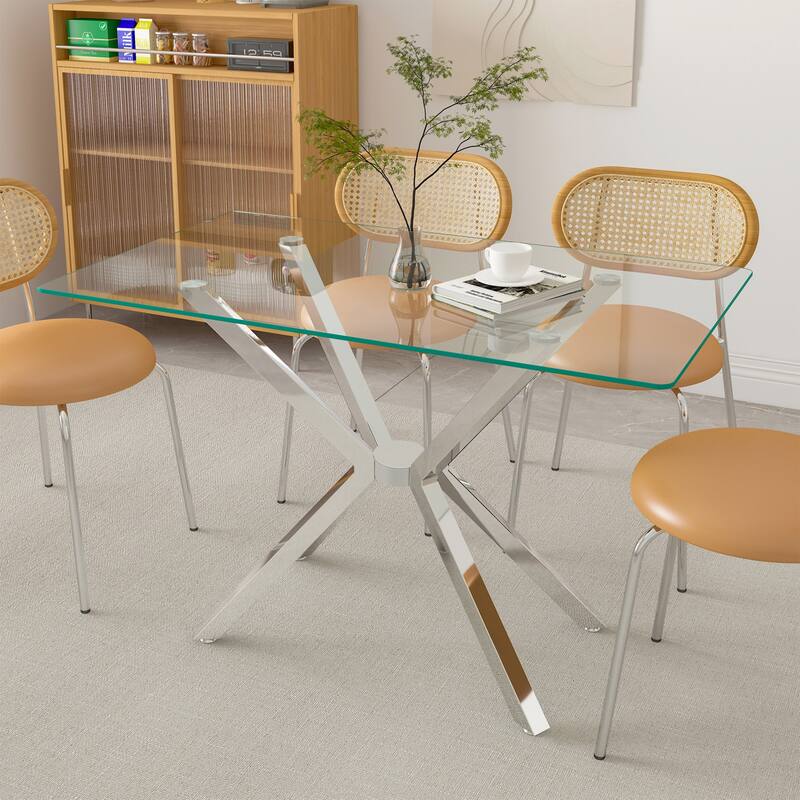 47.24" Rectangular Clear Tempered Glass Dining Table,Stylish Design with Metal Legs, Kitchen Table for Dining Room