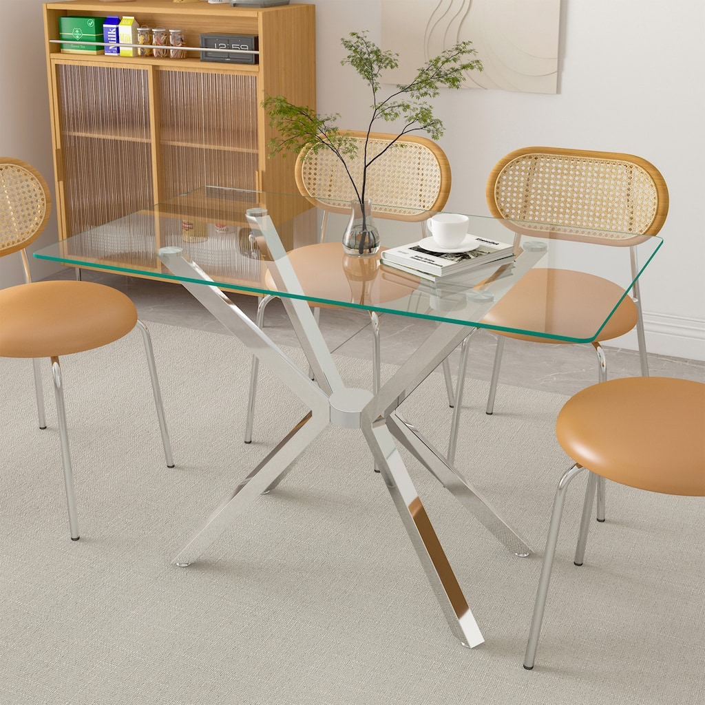 47.24" Rectangular Clear Tempered Glass Dining Table,Stylish Design with Metal Legs, Kitchen Table for Dining Room