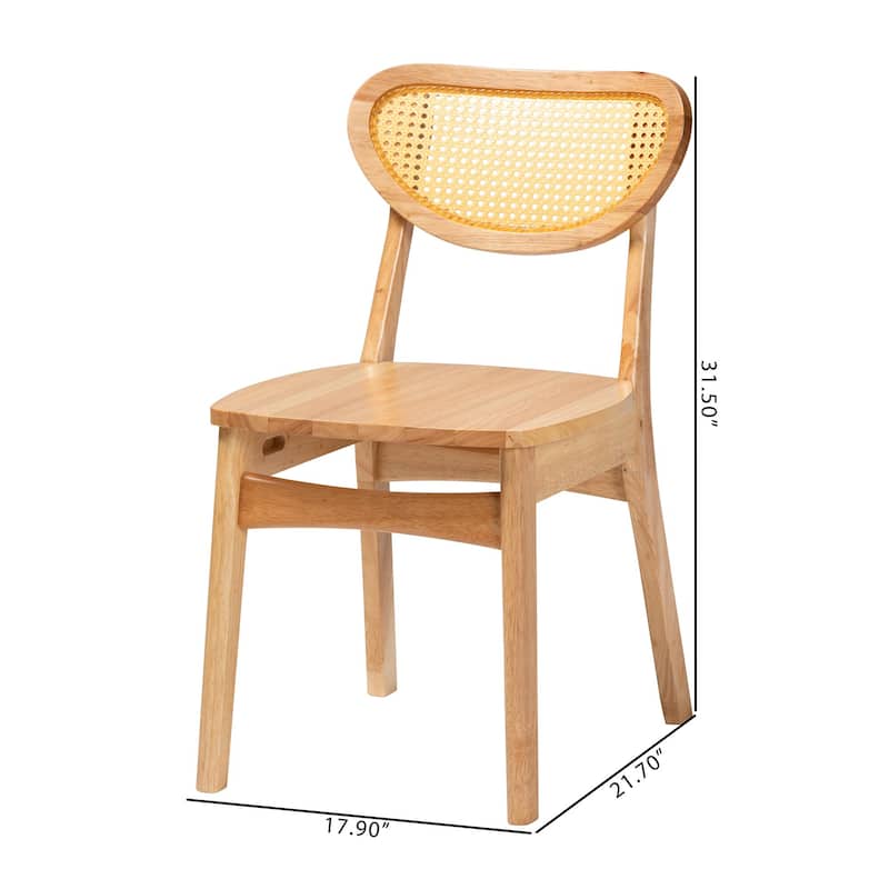 Nenet Mid-Century Modern Oak Brown Finished Wood and Rattan 2-Piece Dining Chair Set