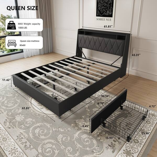 Queen Size Metal Platform Bed with Ergonomic Headboard