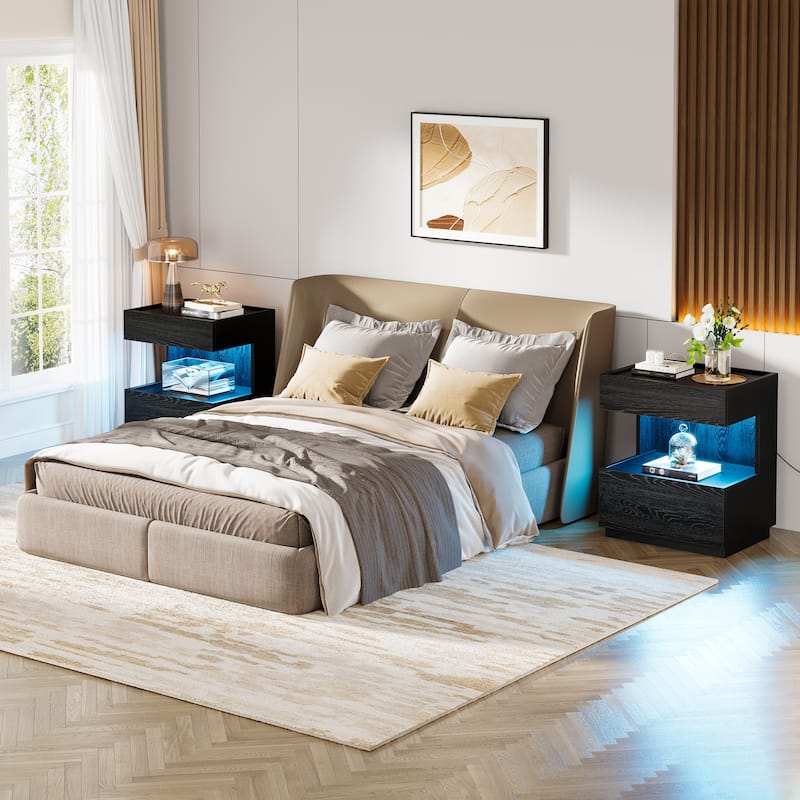 Modern LED Black Nightstand Wood Bedside End Table with 2 Drawers
