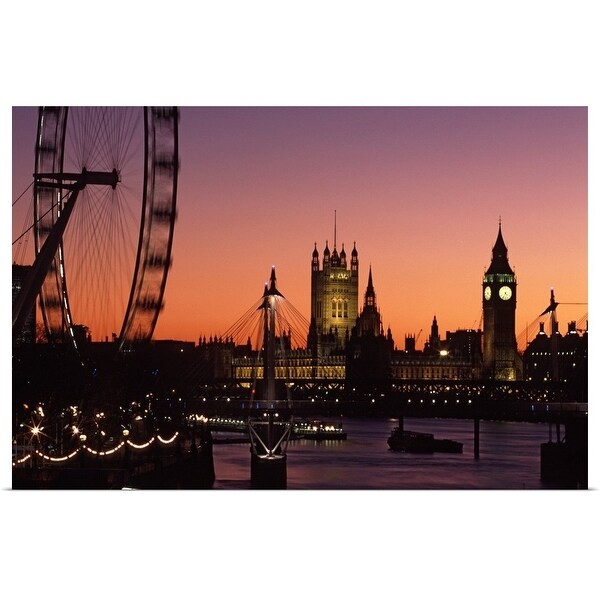 "London skyline at sunset with the London Eye, Hungerford Foot Bridge and Parliament" Poster Print