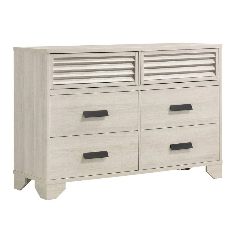Sary 2pc Dresser and Mirror Set, 6 Drawers, Finger Handles, Off White Wood