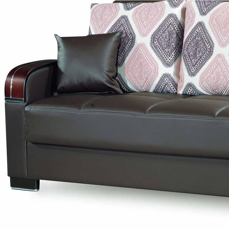 HomeRoots 87" Brown Faux Leather Convertible Futon Sleeper Sofa And Toss Pillows With Storage