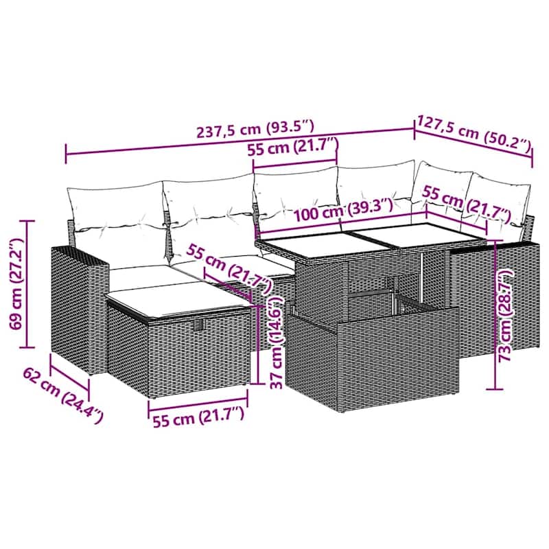 vidaXL Patio Sofa Set with Cushions and Table Outdoor Garden 7 Piece Poly Rattan