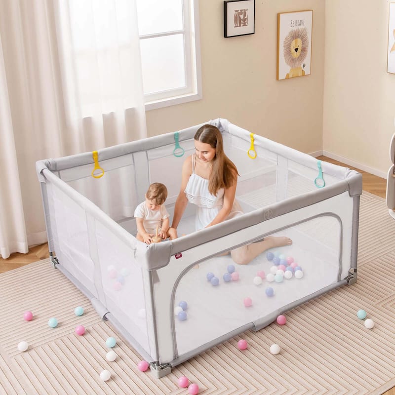 Honeyjoy Large Baby Playpen 50" x 50"/59" x 59" with Zipper Gate 50 - Grey